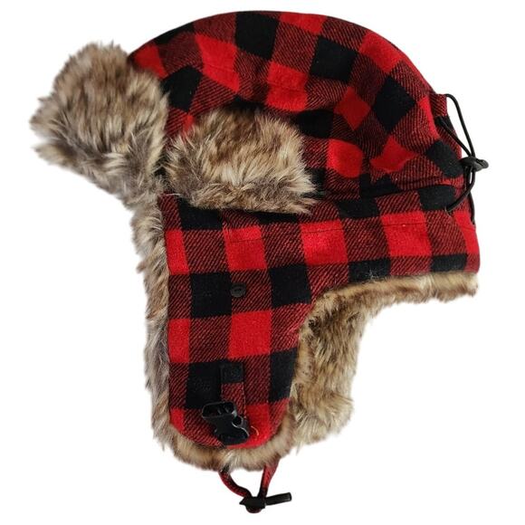 Red Black Buffalo Plaid Wool Blend Trapper Hat Faux Fur M/L - Picture 1 of 5